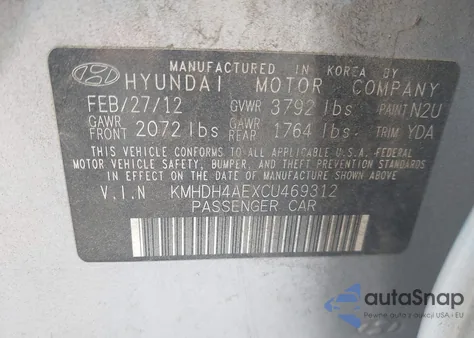 2012 Hyundai Elantra Gls (Ulsan Plant) z USA, uszkodzony, nr VIN KMHDH4AEXCU469312